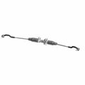 Long metallic steering gear box with black rubber bellows on both ends and mounting brackets in the center.