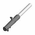 Black metal left fork leg with a cylindrical silver upper tube for motorcycle suspension.