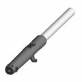 Black fork leg with mounting points and silver upper tube for motorcycle suspension.