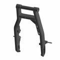 Gloss black metal motorcycle swingarm with sturdy frame and mounting points.