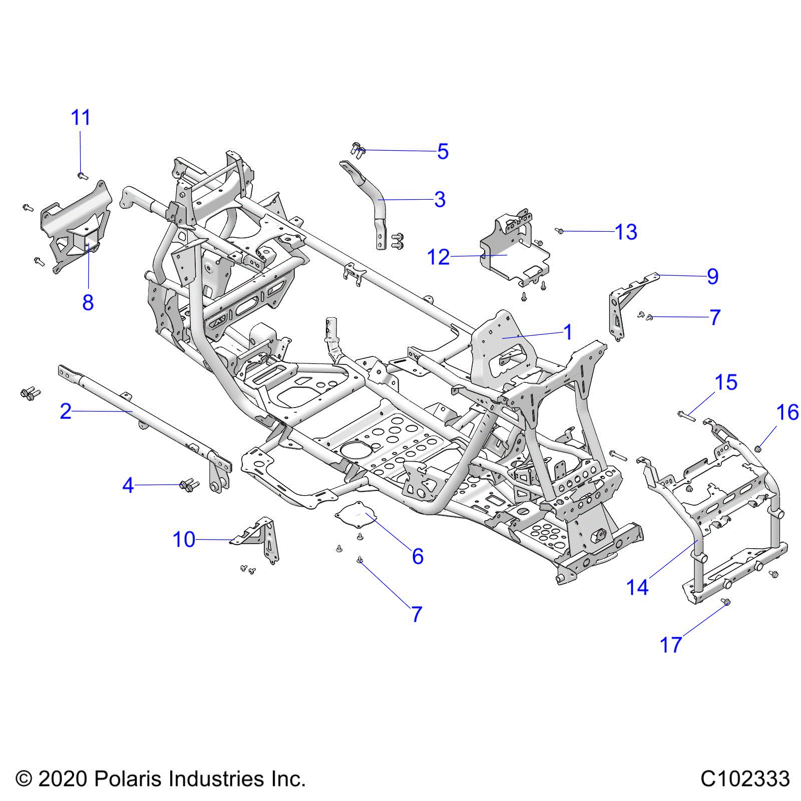 An Image of a Genuine Polaris Parts Schematic Diagram showing the schematic - CHASSIS: MAIN FRAME - 2024 POLARIS SPORTSMAN XP 1000 55" 49S