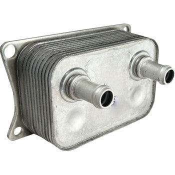 Compact silver metal oil cooler with stacked flat plates and two cylindrical inlet/outlet tubes.