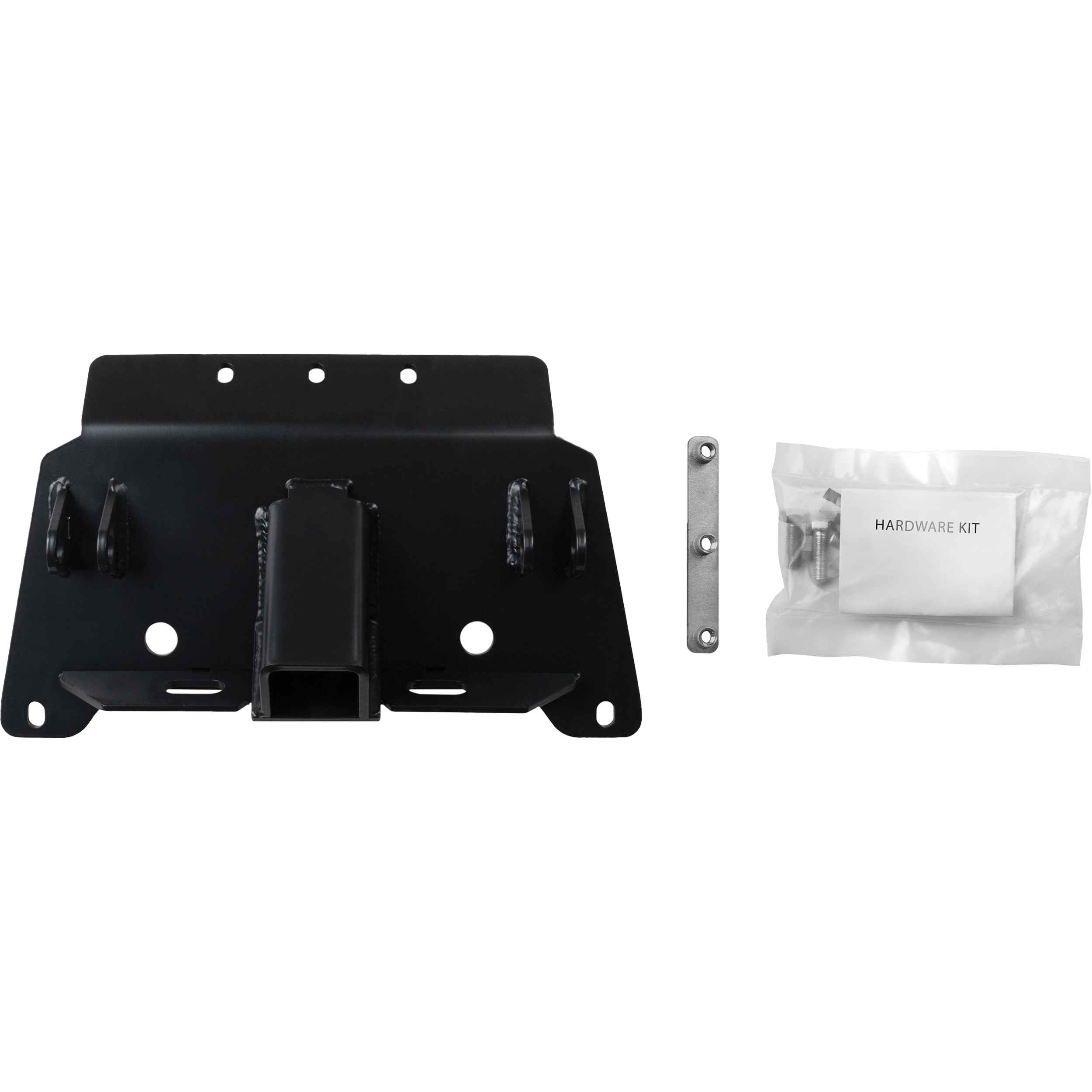 The UTV Plow Mount by Open Trail is shown on a white background with a black metal bracket, a silver plate, and a clear bag labeled Hardware Kit containing screws.