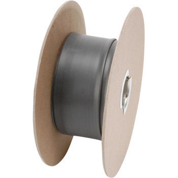 The Heat Shrink Tube - 1 x 50 by DEI comes as a black spool between two sturdy round cardboard discs with a metal-reinforced center, perfect for electrical insulation.