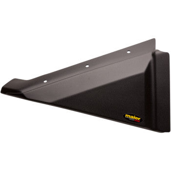 The Maier Rear Fender Trim Stealth Black is a triangular, high-density polypropylene panel with three mounting holes and a small yellow-red Maier logo at the bottom right corner.