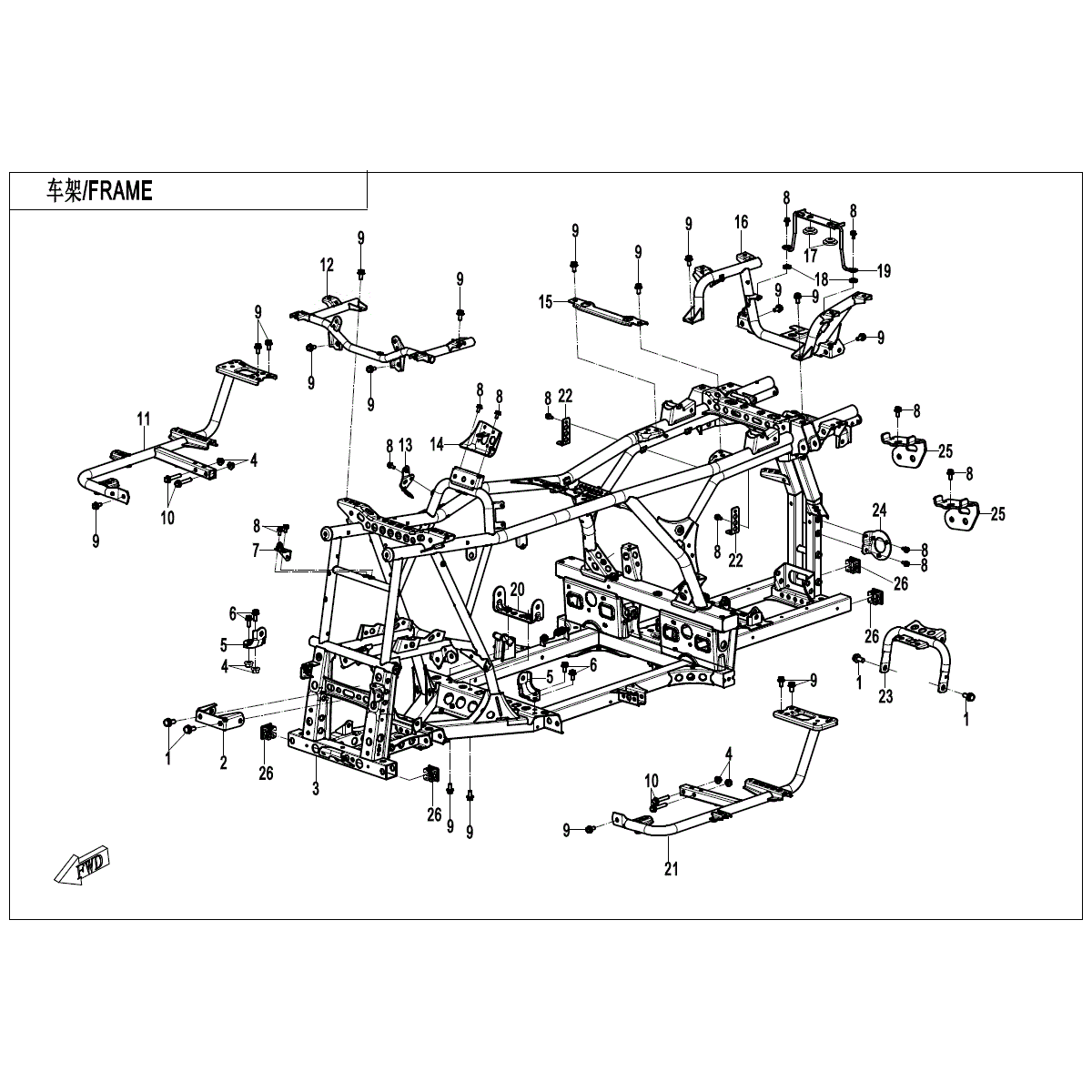 An Image of a genuine CFMOTO Parts Schematic Diagram showing the group - FRAME - 2025 CFMOTO CFORCE 1000 TOURING