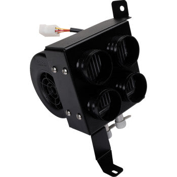 The Can Am UTV Cab Heater by Moose Offroad features a black air vent assembly with four circular adjustable vents and an attached electrical connector, mounted on a metal bracket—perfect for 12V or universal cab heater setups.