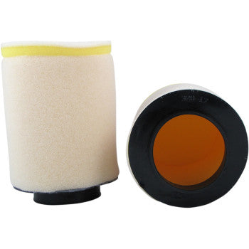 Two Honda Foam Air Filters by No Toil are shown—one upright, one on its side—displaying a hollow orange interior and black base. Each OEM-size filter has a light beige exterior with a yellow rim, designed for optimal air filtration systems.