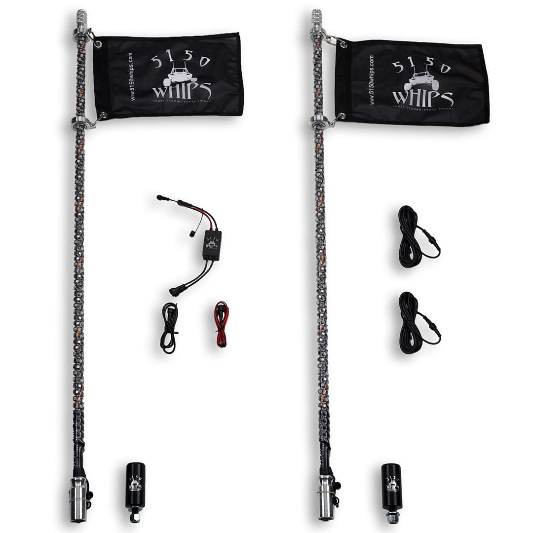 The 5150 Platinum 2x 187 LED Whips (1 Pair) by 5150 Whips, with black flags and Bluetooth control, includes whip lights, flags, wiring harnesses, remotes, quick connect bases, and cables—all displayed on a white background.