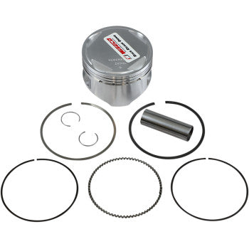 Silver metallic piston with red and white Wiseco label, accompanied by black piston rings, circlips, and a cylindrical pin.