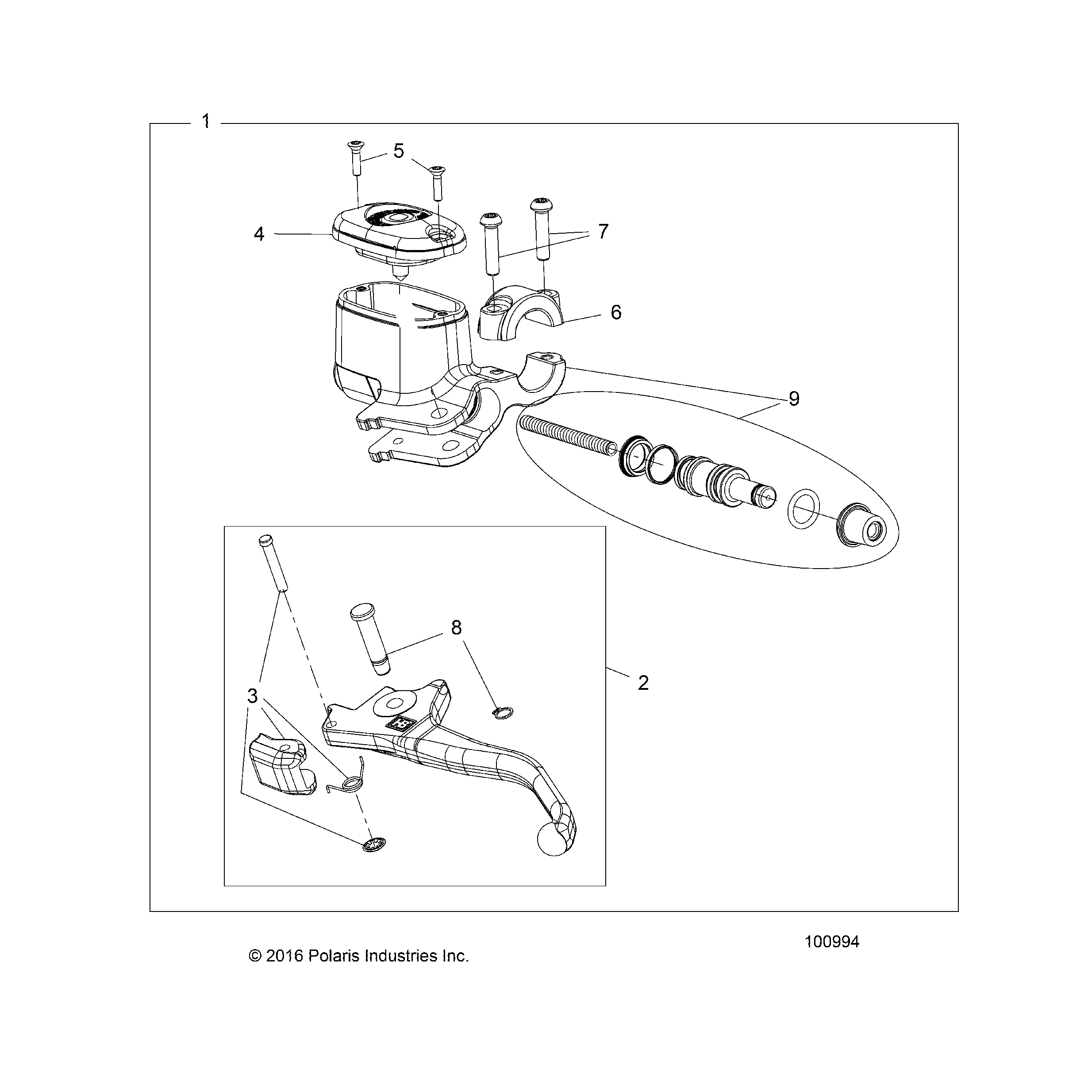 An Image of a Genuine Polaris Parts Schematic Diagram showing the schematic - BRAKES: FRONT BRAKE LEVER and MASTER CYLINDER - 2023 POLARIS SPORTSMAN 570 6X6