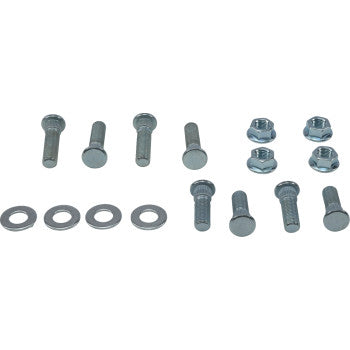 The Polaris Wheel Stud Nut Kit Front & Rear by Moose Offroad includes six bolts, six hex nuts, and six flat washers—perfect for wheel rebuilds with compatible studs—displayed neatly on a white background.