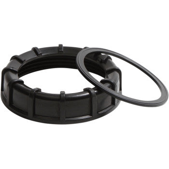 Polaris Fuel Pump Retaining Nut and Gasket Kit by All Balls—black plastic nut and flat rubber gasket on a white background, perfect OEM replacement for Polaris fuel pump modules.
