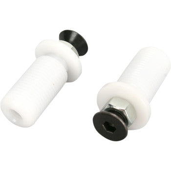The Nylon Hand Guard Handlebar End Mount Renthal by G2 Ergonomics Corp. includes two white plastic expansion bolts with black hex screws and metal nuts, ideal for mounting handguards on aluminum handlebars, shown on a plain white background.