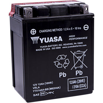 The Yuasa AGM Battery YTX14AH BS .66 L is a black, high-performance, maintenance-free battery (12V, 12Ah, 210A CCA), featuring a white label with specs, made in the USA—reliable power with recycling and warning symbols.