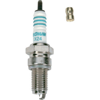The Denso Iridium Spark Plug IX24, featuring a laser-welded electrode, metal hexagonal base, and white ceramic insulator, is pictured with a detachable terminal cap beside it on a white background.
