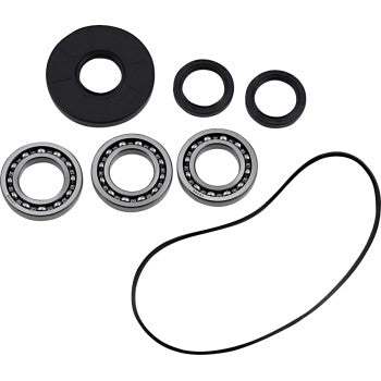The Differential Bearing Seal Kit Front by Epi includes three ball bearings, NBR oil-resistant seals in various sizes, and a black rubber belt, all shown on a white background.