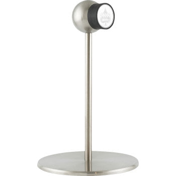 The Stand iOmounts™ Stainless Steel by Klock Werks is a modern, minimalist metal iPad stand with a round base and vertical pole, featuring a black ring and white front—ideal as an ergonomic desktop accessory for any workspace.