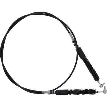 The Polaris Ranger Shift Cable by All Balls features a black PVC jacket, metal fittings, and rubber protective sleeves at both ends, shown coiled in a circle on a white background.