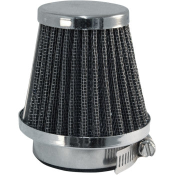 The Universal Clamp On Pod Air Filter 46 mm ID by Emgo is a conical metal and mesh automotive filter with a chrome end cap and base, high-flow design, and a stainless steel screw clamp for secure attachment.