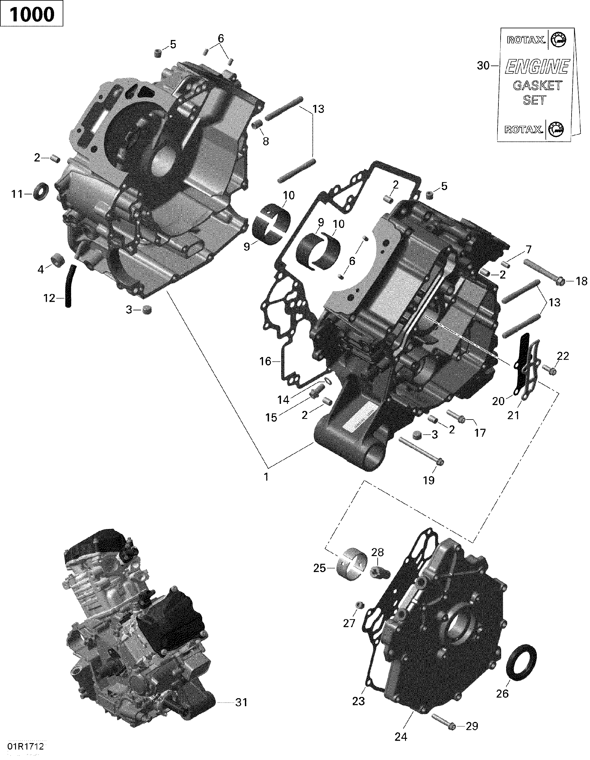 An Image of a Genuine Can-Am Parts Schematic Diagram showing the schematic - CRANKCASE - 1000 EFI