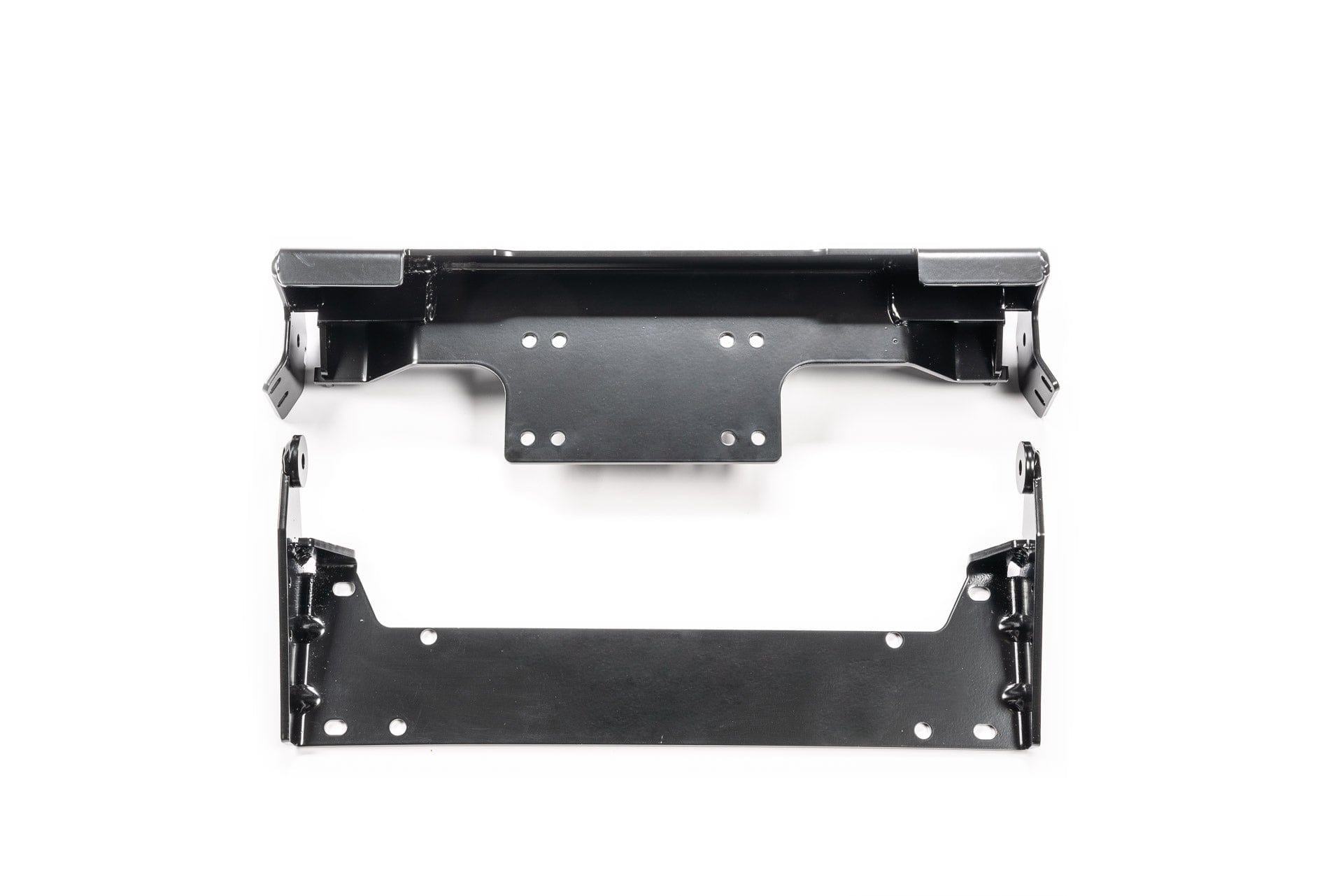 The Warn 750 lb. Capacity Drill Winch with synthetic rope features two black metal mounting brackets with multiple screw holes, positioned parallel on a white background, and designed for outstanding corrosion resistance.