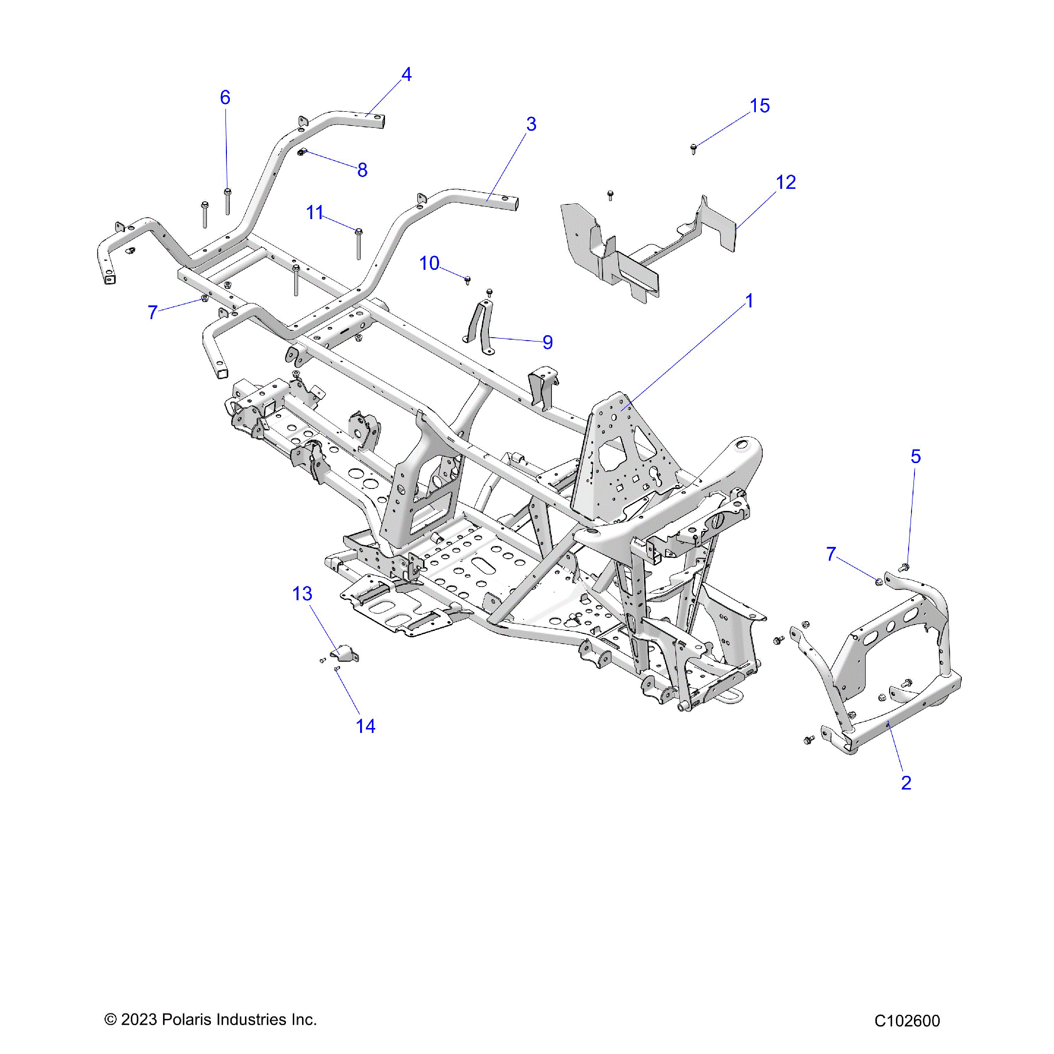 An Image of a Genuine Polaris Parts Schematic Diagram showing the schematic - CHASSIS: FRAME - 2025 POLARIS SPORTSMAN TOURING 570 EPS