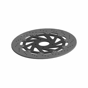 A metallic, circular Front Right Brake Rotor by Polaris featuring holes along the edge and center cutouts, displayed on a white background.