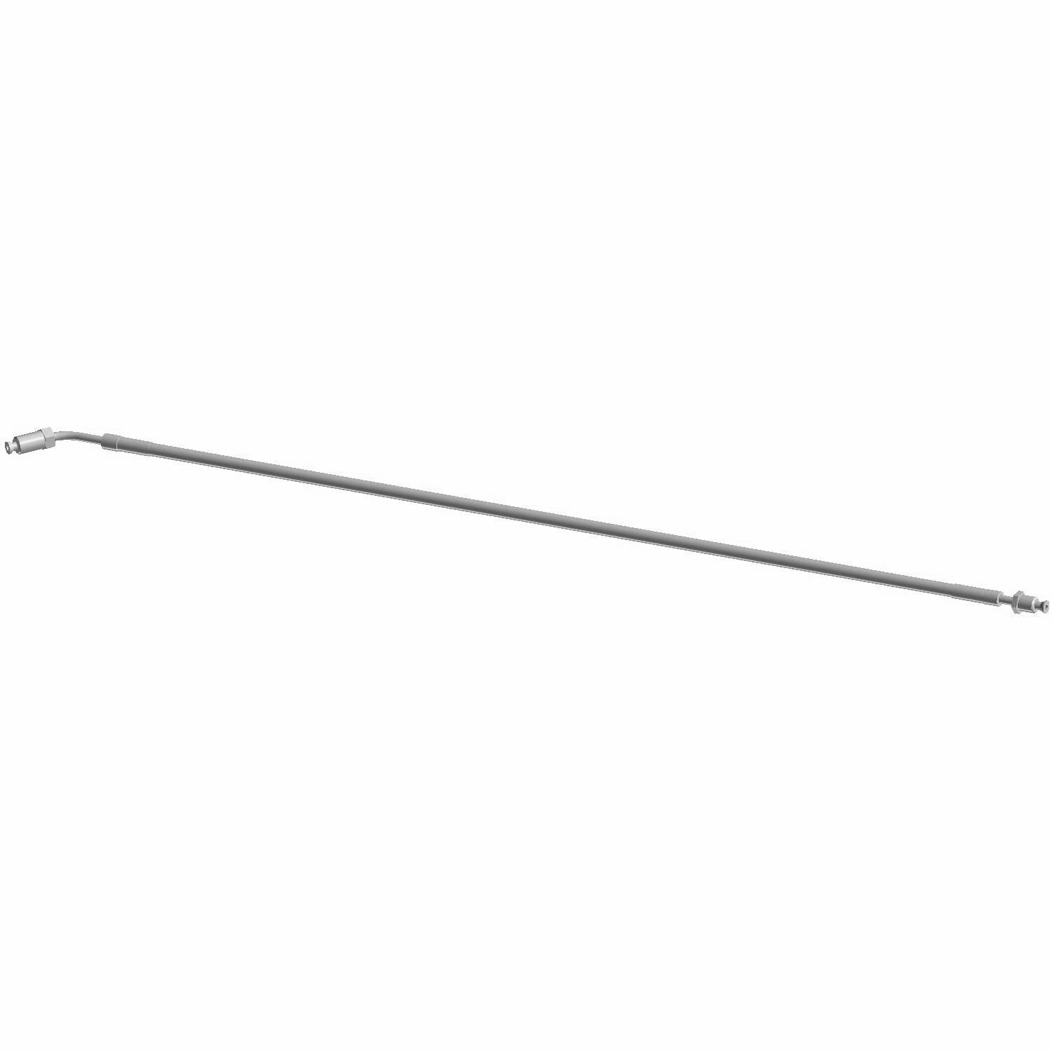 Long slender silver brake line with metal fittings on both ends designed for front left side installation.