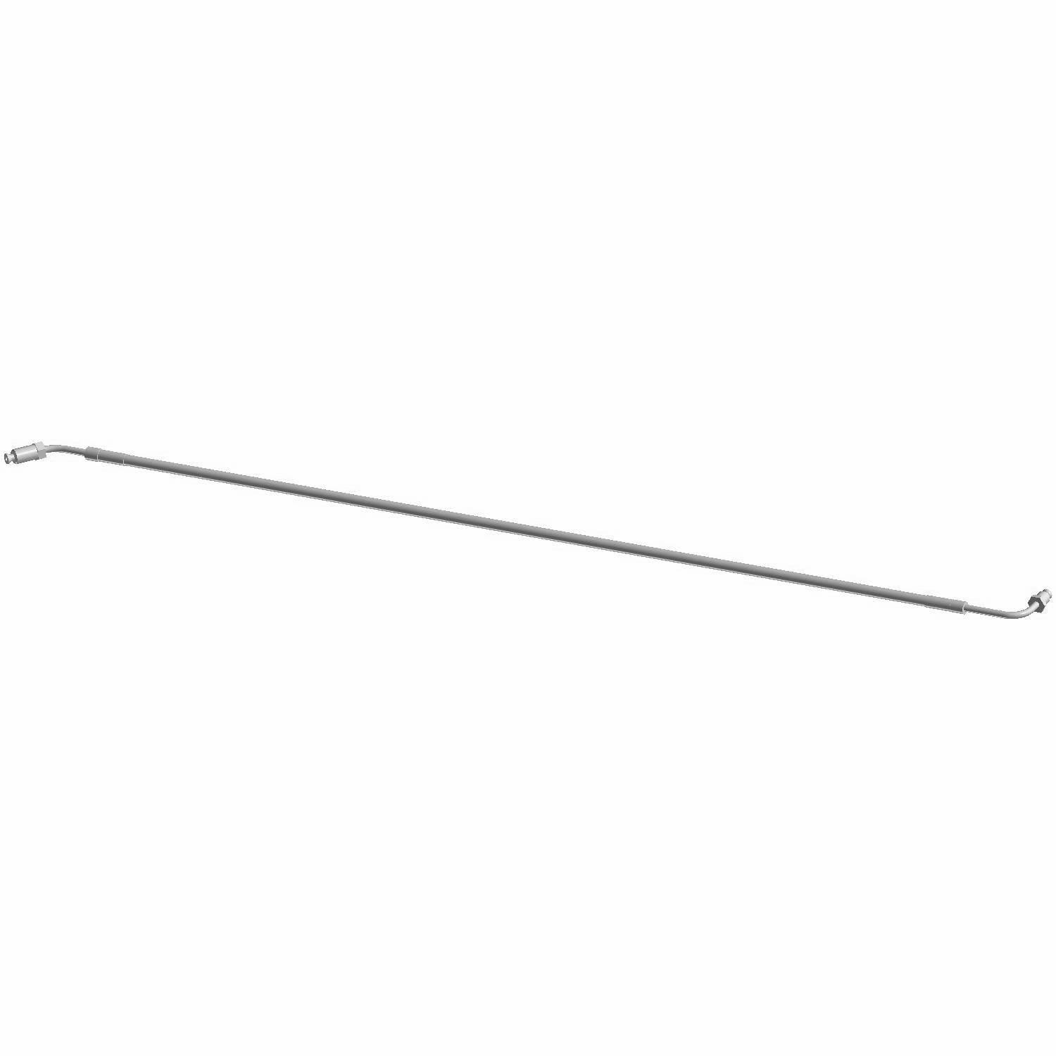 Long slender metal brake line with small curved fittings at both ends, silver finish.