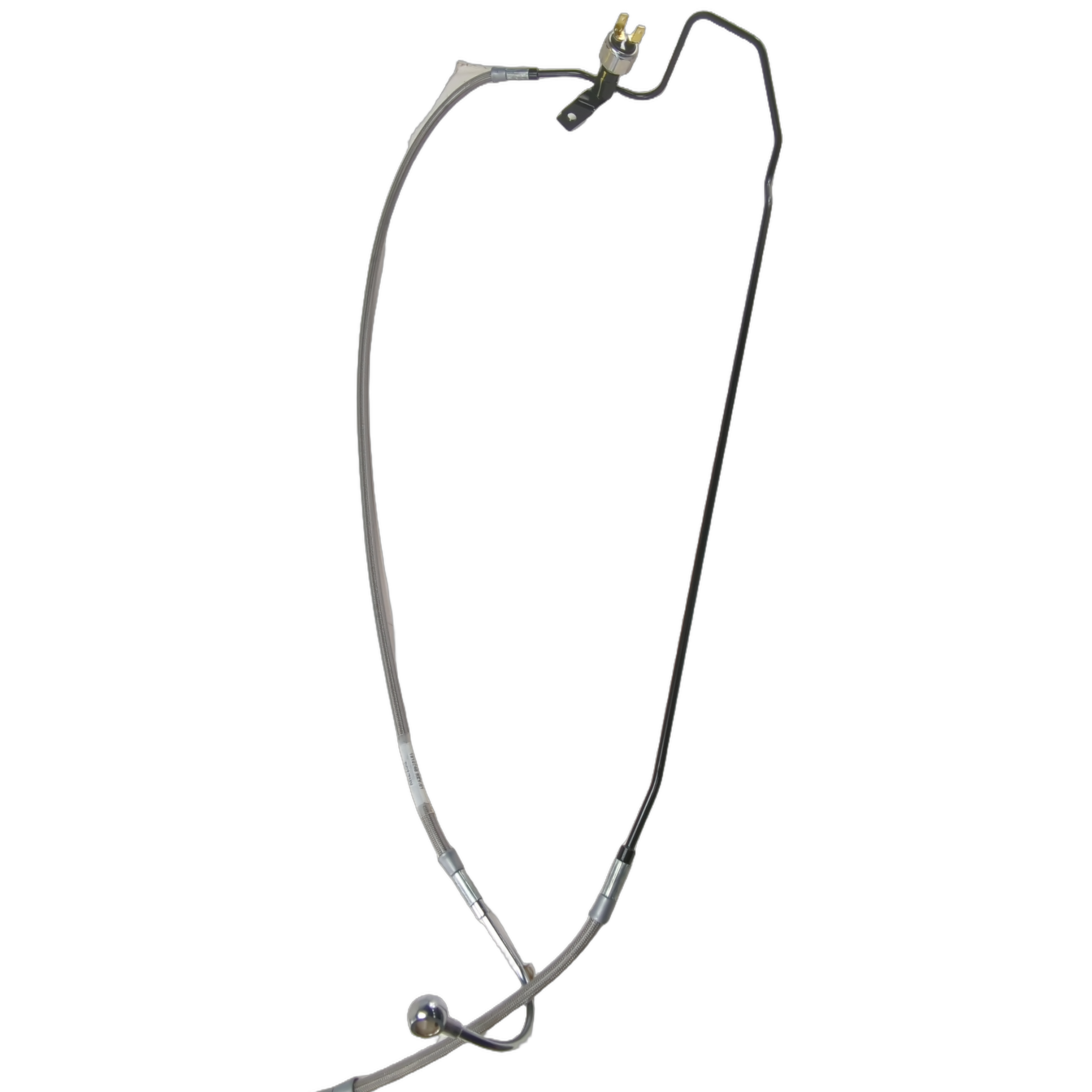 Black and silver rear brake line hose with metal connectors and mounting bracket for motorcycle.