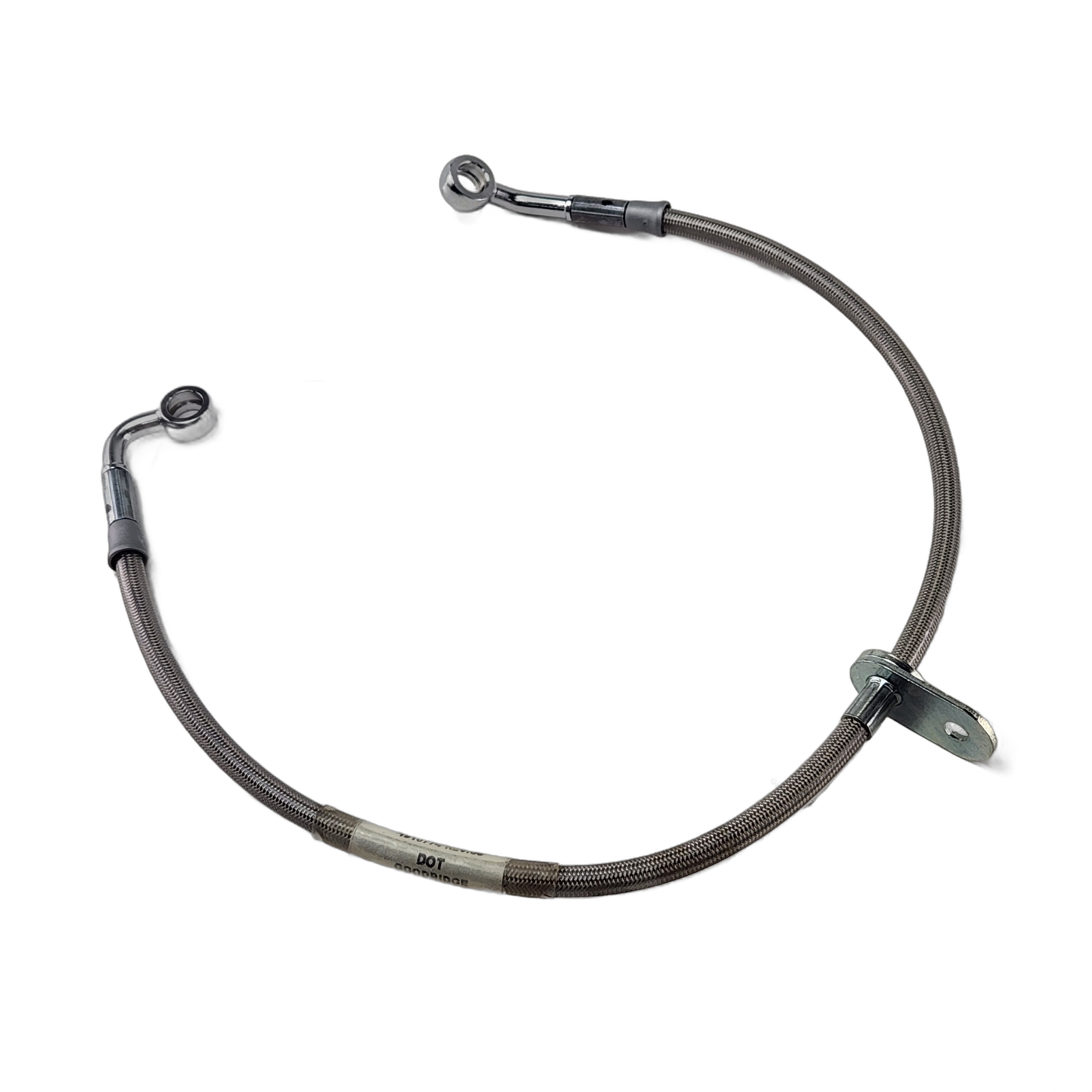 The Hose, Brake, Front [Hammer] by Polaris is a quality braided metal brake hose with end connectors and a metal bracket—ideal OEM replacement for Victory motorcycles, available from Witchdoctors.