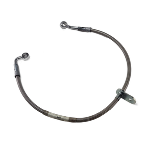 The Hose, Brake, Front [Hammer] by Polaris is a quality braided metal brake hose with end connectors and a metal bracket—ideal OEM replacement for Victory motorcycles, available from Witchdoctors.