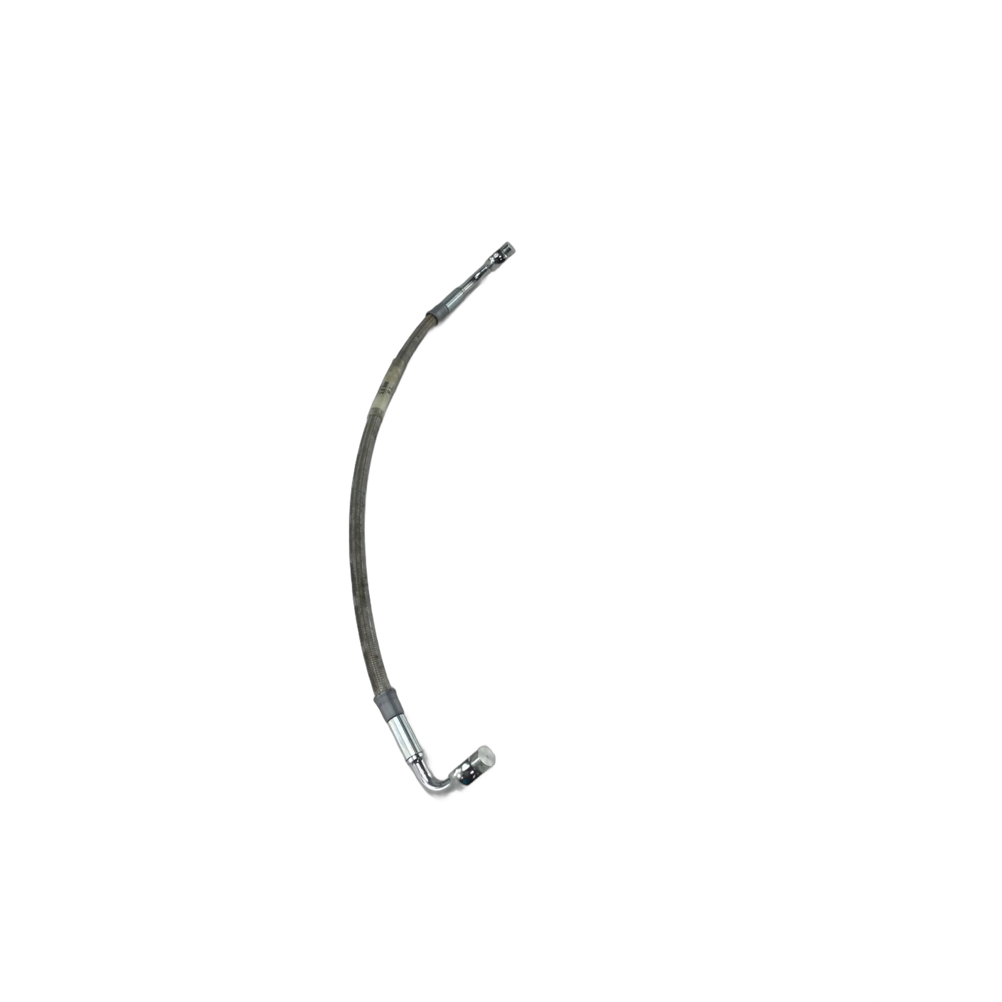 A single Hose, Brake, Front by Polaris with metal fittings on both ends, slightly curved and shown on a white background. Perfect OEM part for replacing your Victory front brake hose.