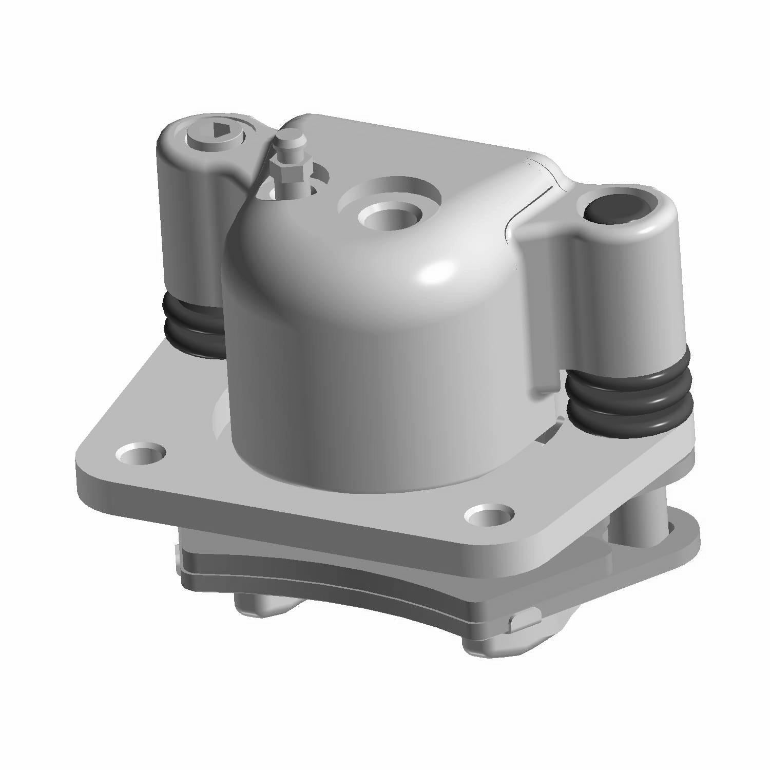 Gray metal right brake caliper with mounting holes and rubber seals for offroad vehicle.