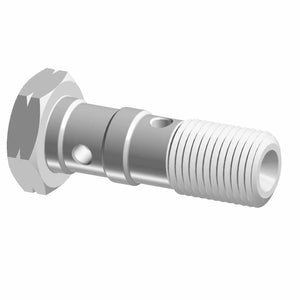 Silver metal banjo bolt with a hexagonal head, threaded shaft, and two fluid holes.