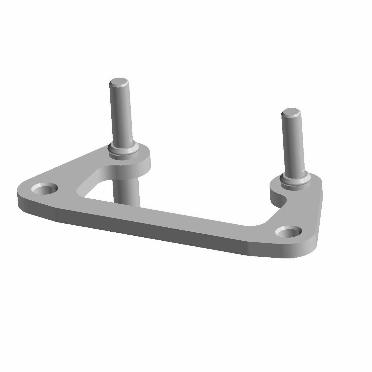 Gray metal brake caliper mount with two upright cylindrical posts and two mounting holes.
