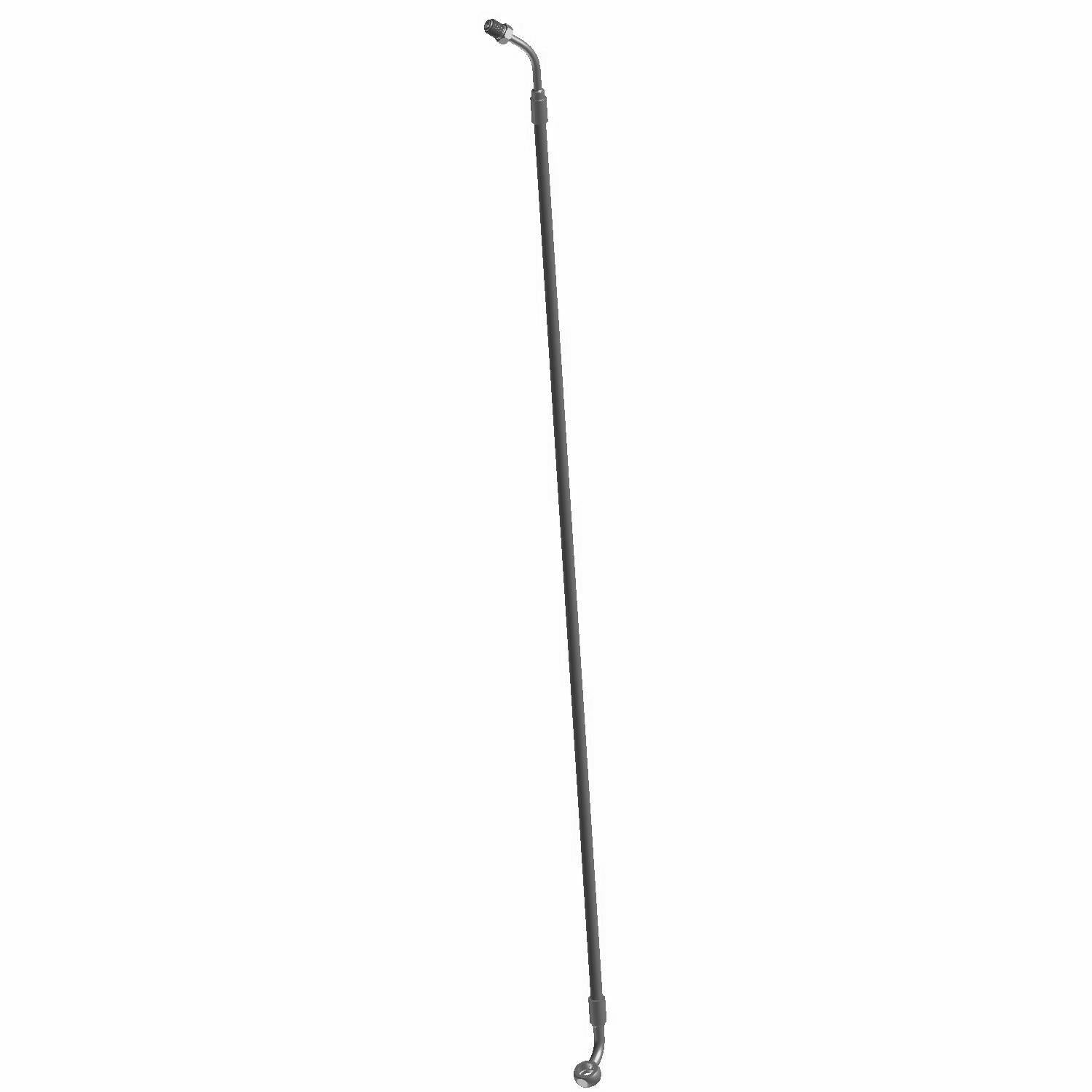 Black metal brake line with curved fittings on both ends for rear left side installation.