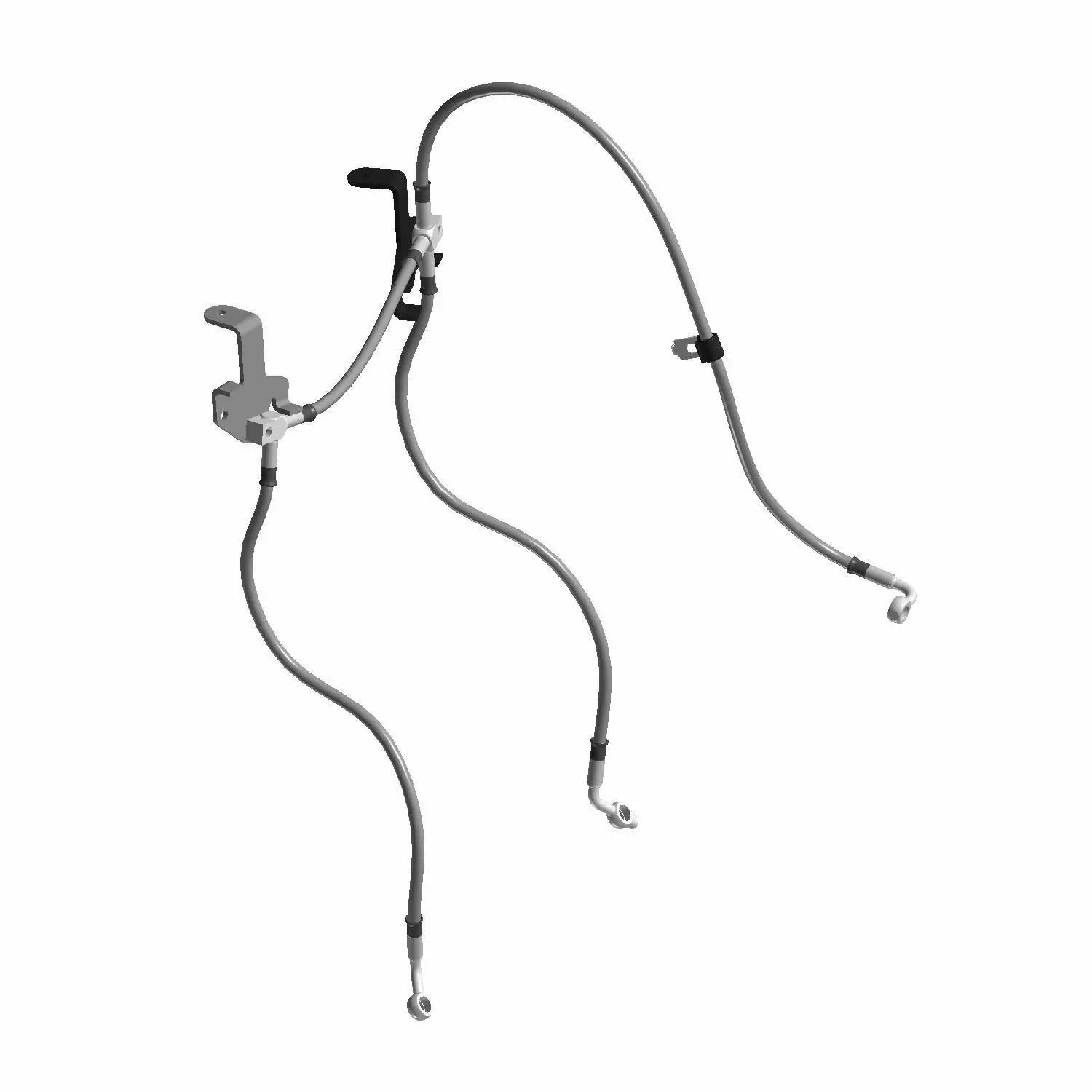 Black rubber-coated ABS brake line with metal caliper connectors and mounting bracket.