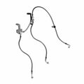 Black rubber-coated ABS brake line with metal caliper connectors and mounting bracket.