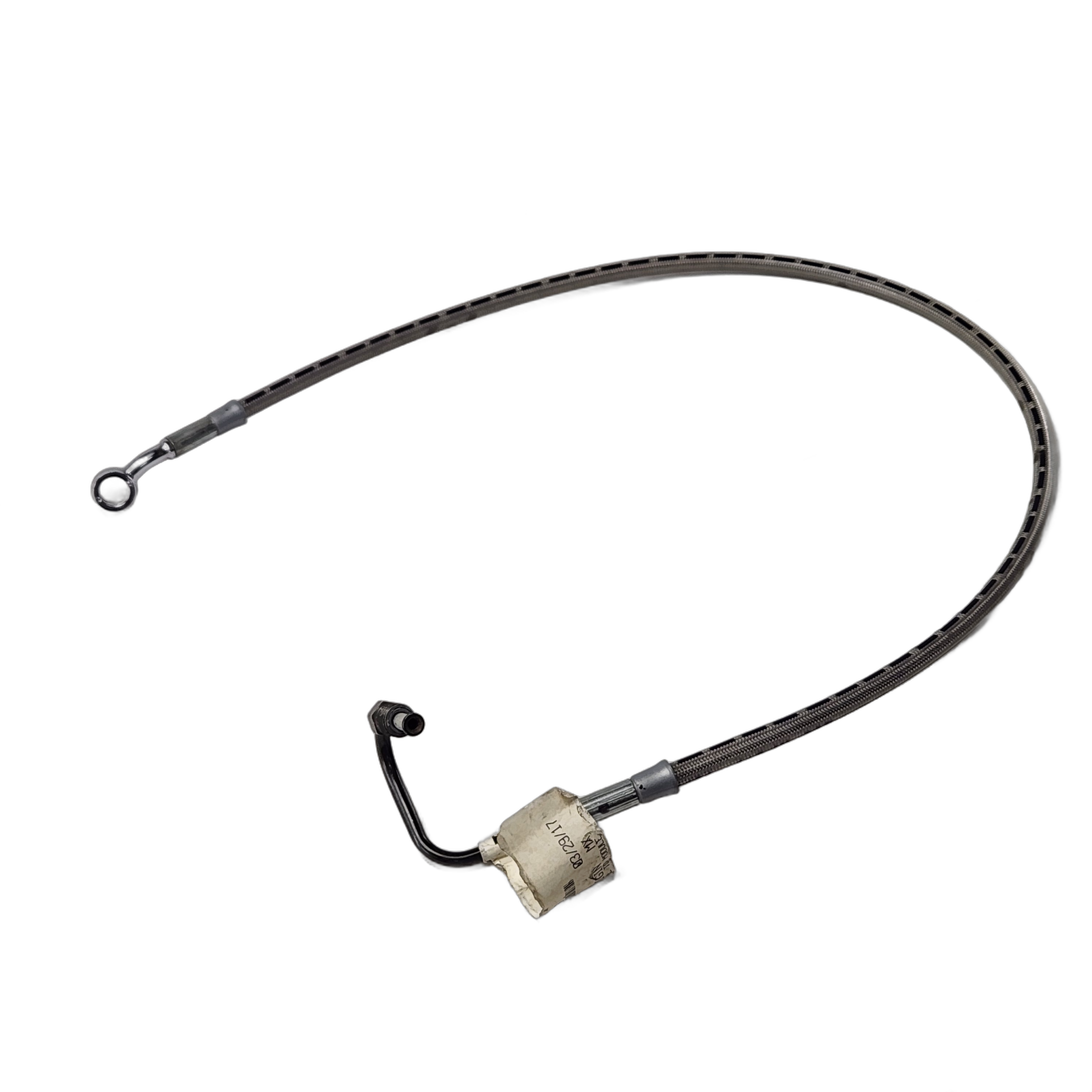 The Hose, Brake, Rear Caliper To Module by Polaris is a flexible, braided metal hose with metal connectors and a curved segment, ideal for OEM Victory Polaris brake systems. Displayed on a white background.