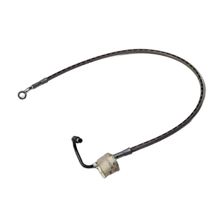 The Hose, Brake, Rear Caliper To Module by Polaris is a flexible, braided metal hose with metal connectors and a curved segment, ideal for OEM Victory Polaris brake systems. Displayed on a white background.