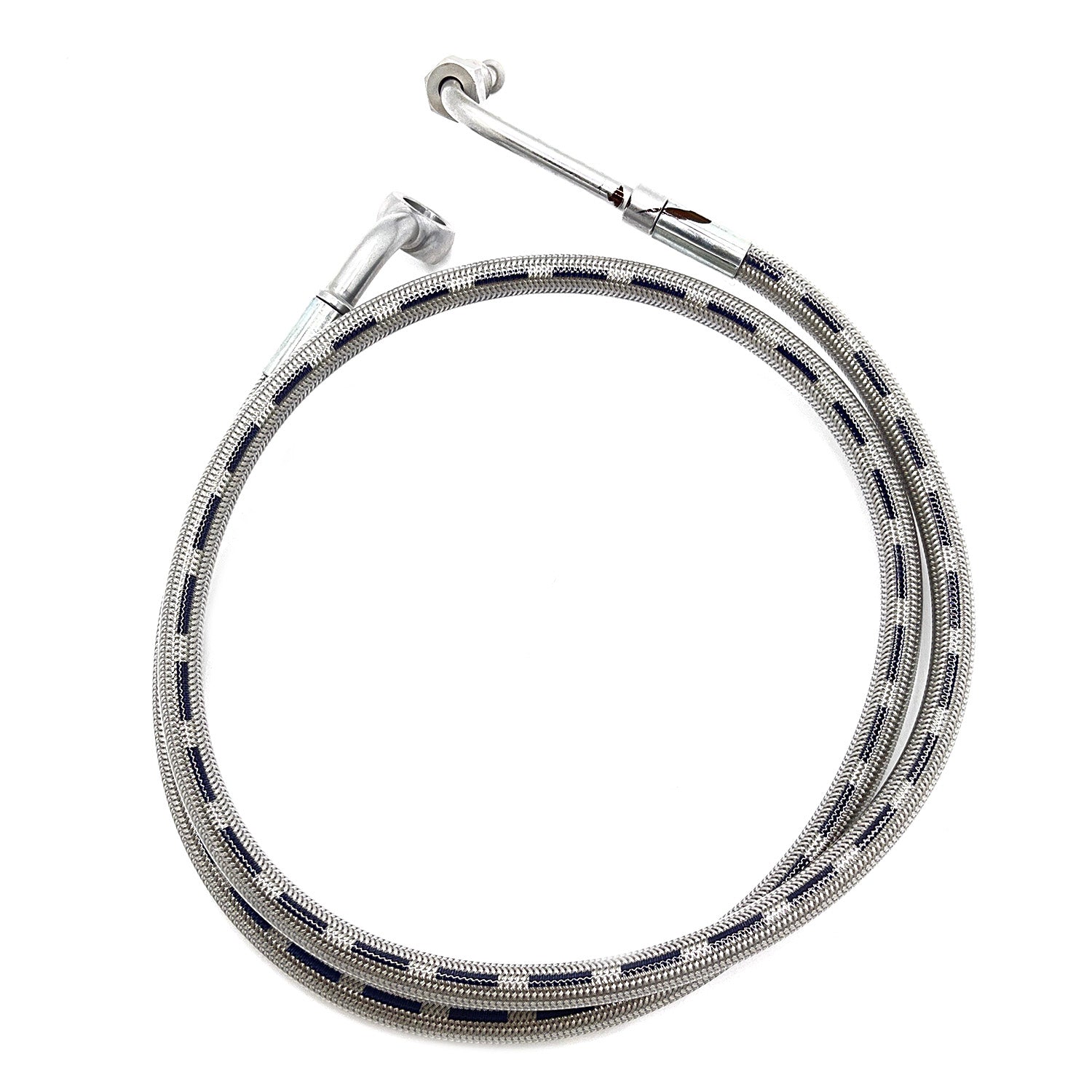 Flexible silver braided brake line hose with metal fittings on both ends, coiled in a circle.