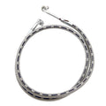 Flexible silver braided brake line hose with metal fittings on both ends, coiled in a circle.