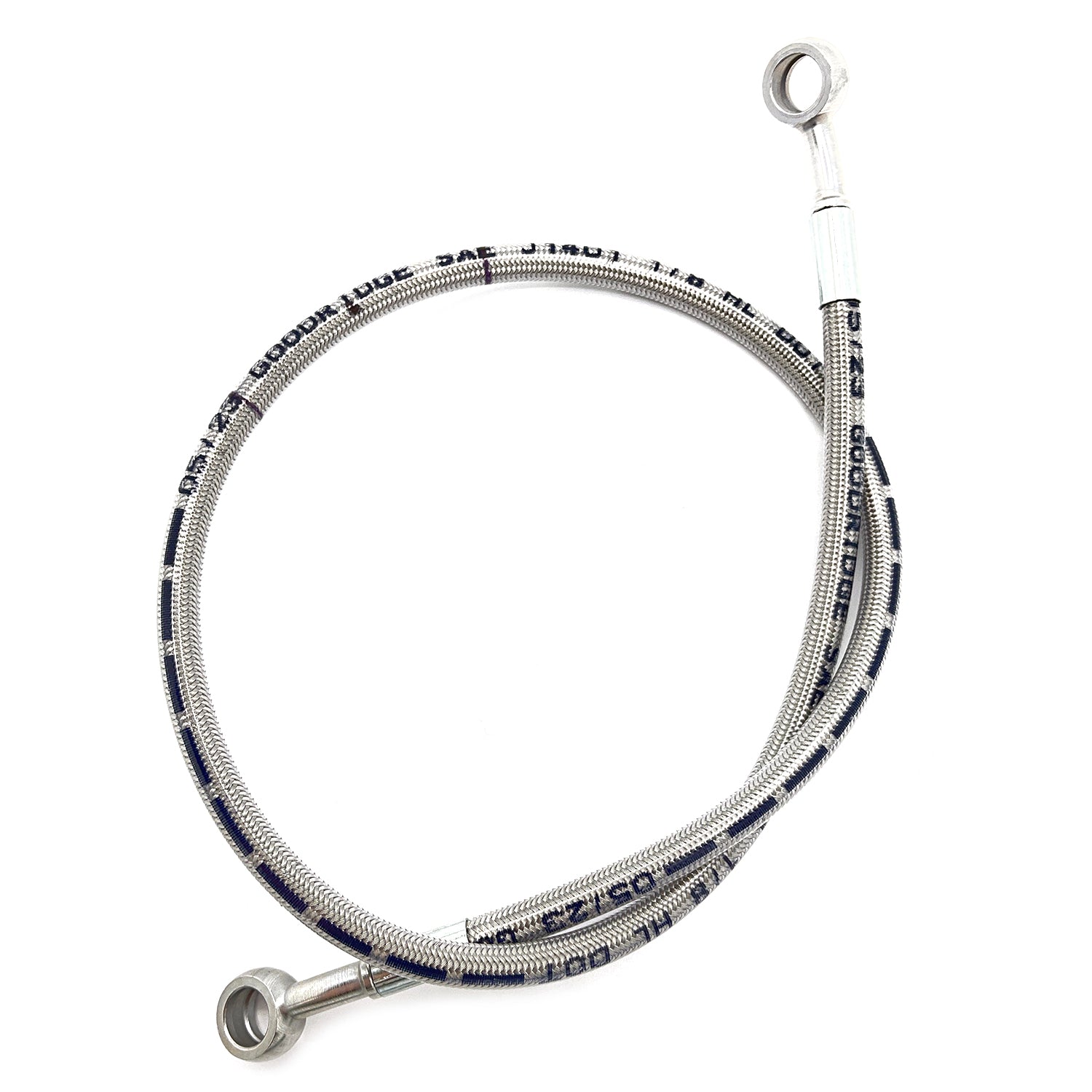 Gray braided front brake line with metal loop fittings on both ends and black printed text.