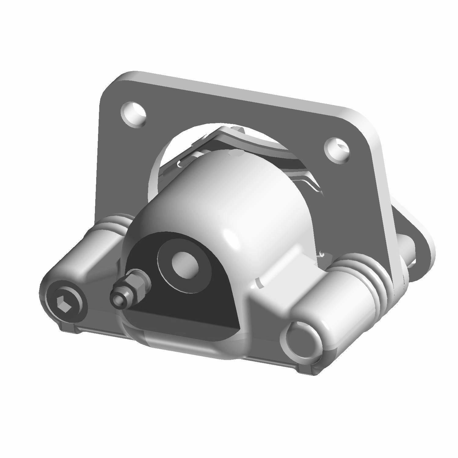 Silver metal left brake caliper with mounting bracket and cylindrical piston housing.