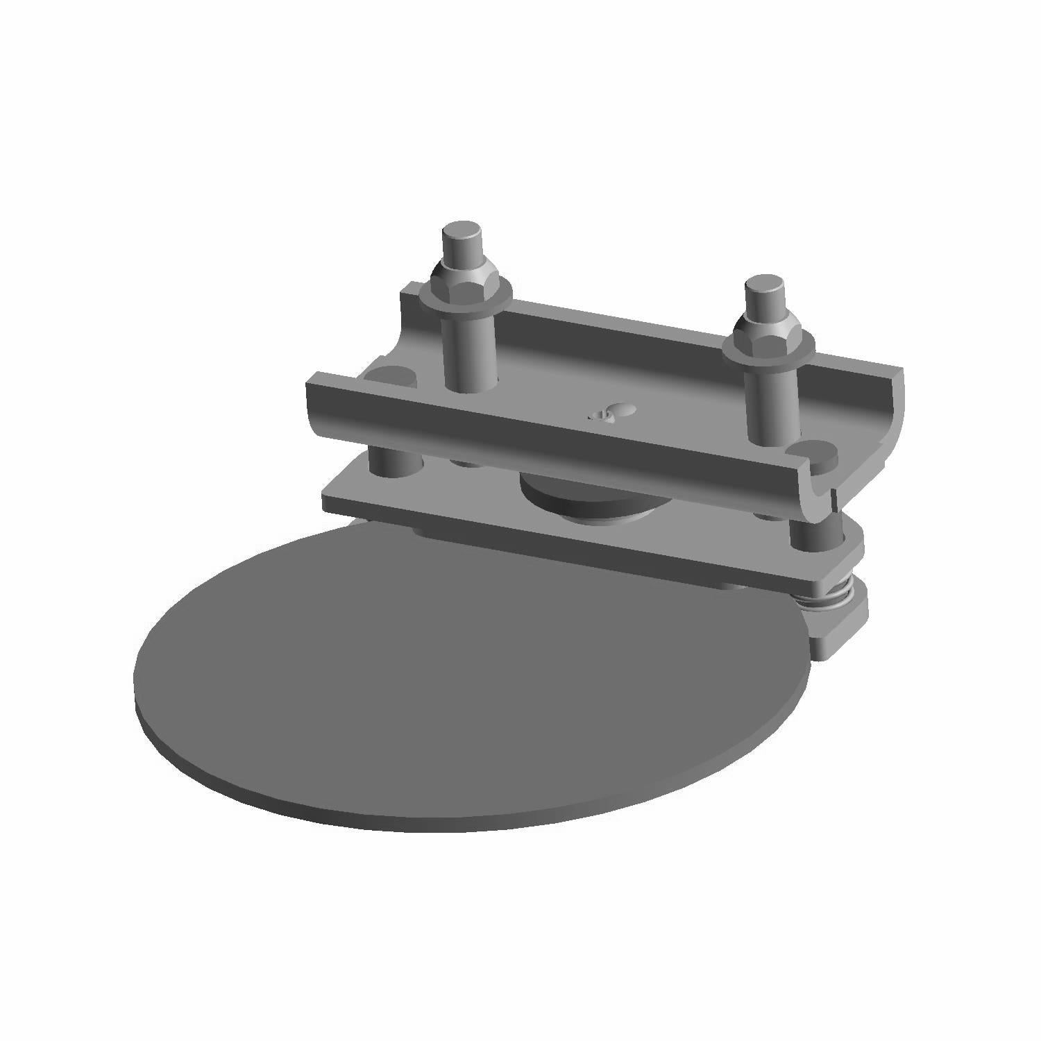Gray metal parking brake caliper with round flat disc and mounting bracket with two bolts.