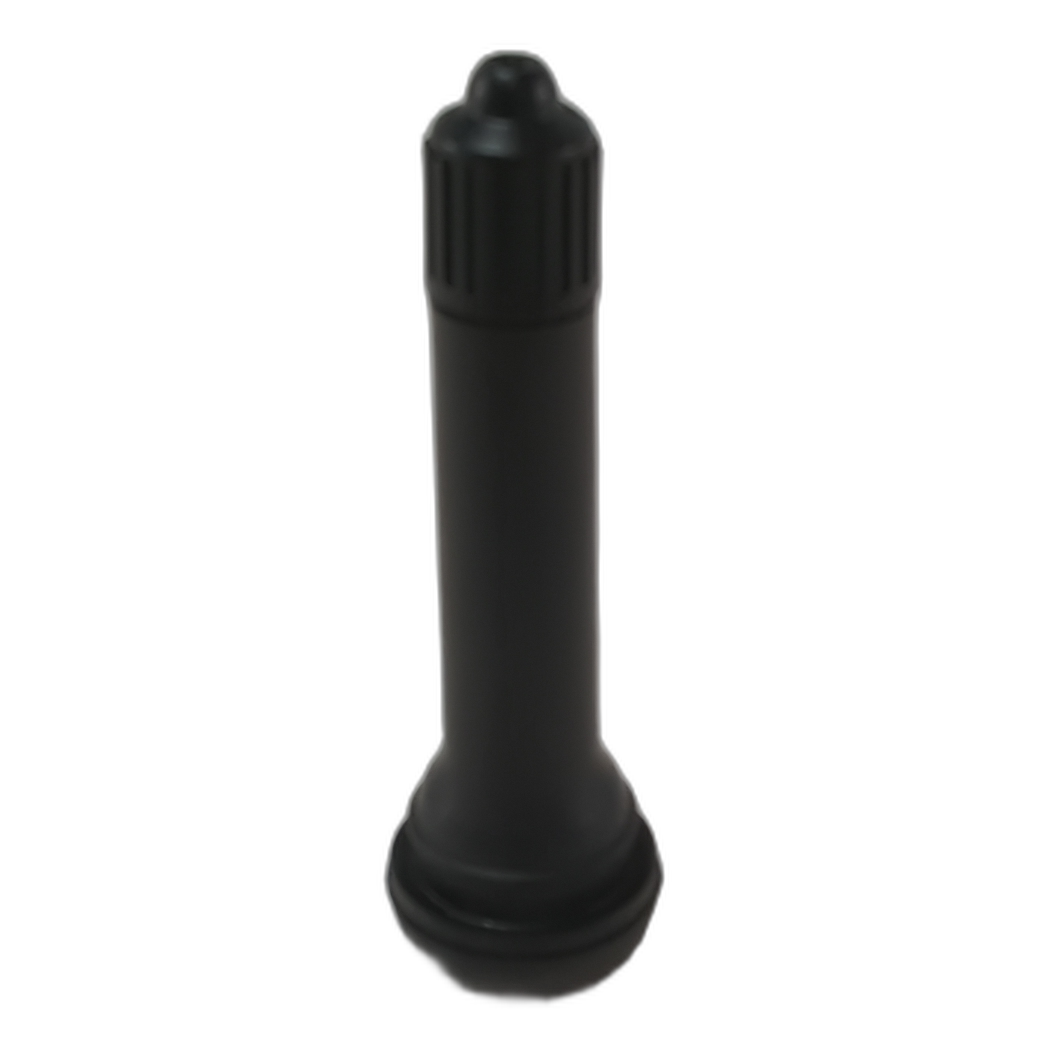 Black rubber valve stem with ridged grip and rounded top for offroad vehicle tires.