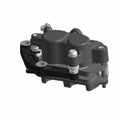 Black metal front brake caliper with smooth rounded housing and exposed mounting bolts.