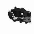 Black front brake caliper with metal mounting points and ABS sensor for motorcycle use.